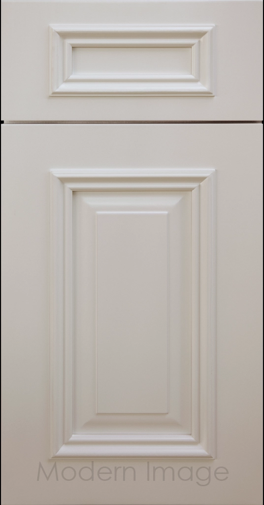 Heritage custom cabinets in a Dew matte finish with classic raised panel doors and modern flat slab drawers.